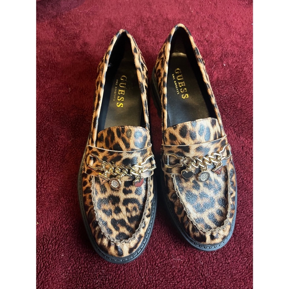 Guess Leopard Print Chain Charm Lug Sole Loafers Womens 6.5M Brown Black